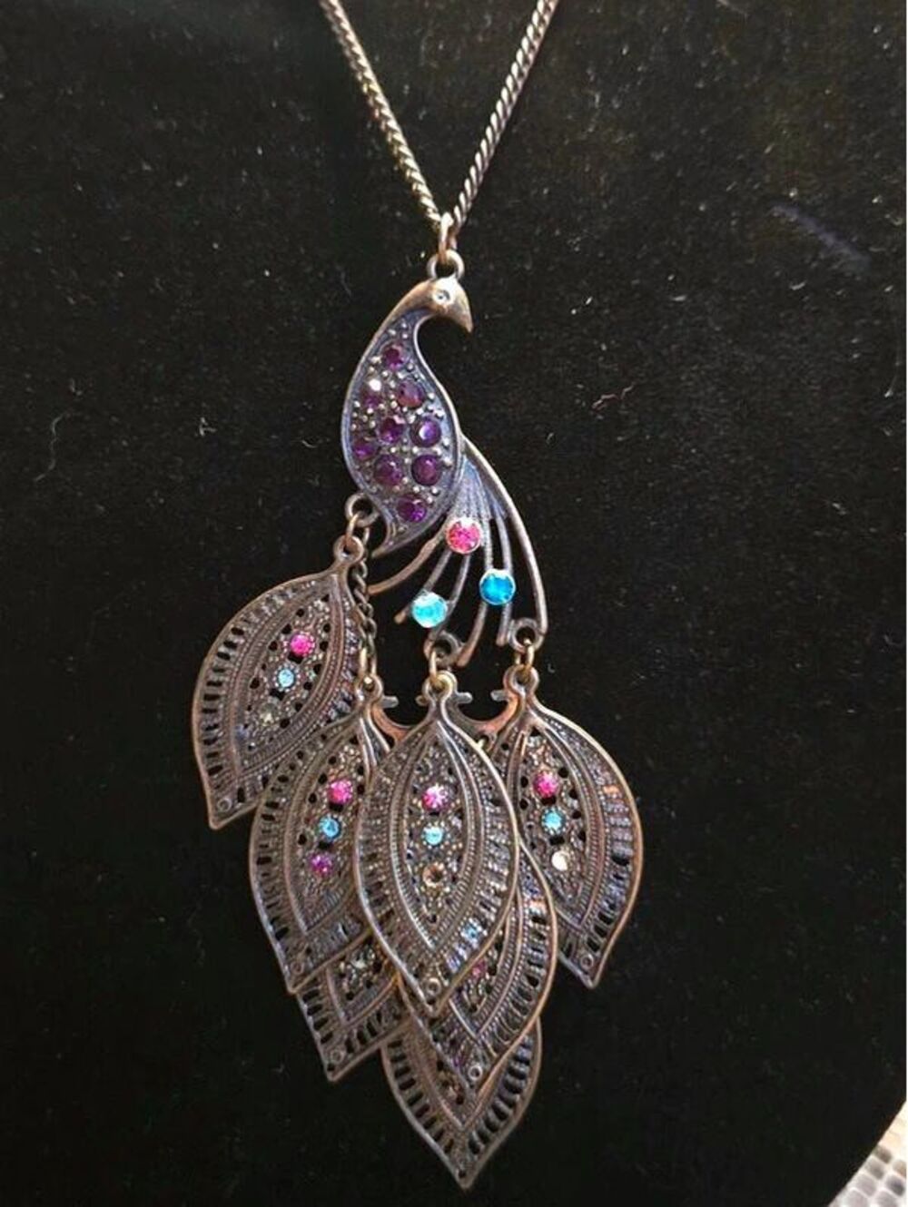 Vintage Bronze Tone Crystal Peacock Pendant Necklace
